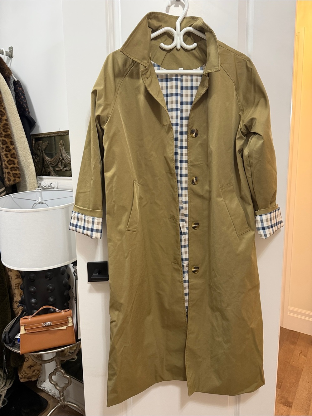 Classic Olive Trench Coat for Women - Plaid Lining Generous Fit